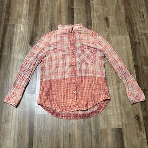 Free People Shirt Womens L Button Down Flannel Patchwork Gauze Boho Pocket